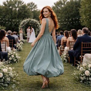 Camila Coelho Sage Green Midi Dress Bubble Hem Basque Waist Open Back Modern M